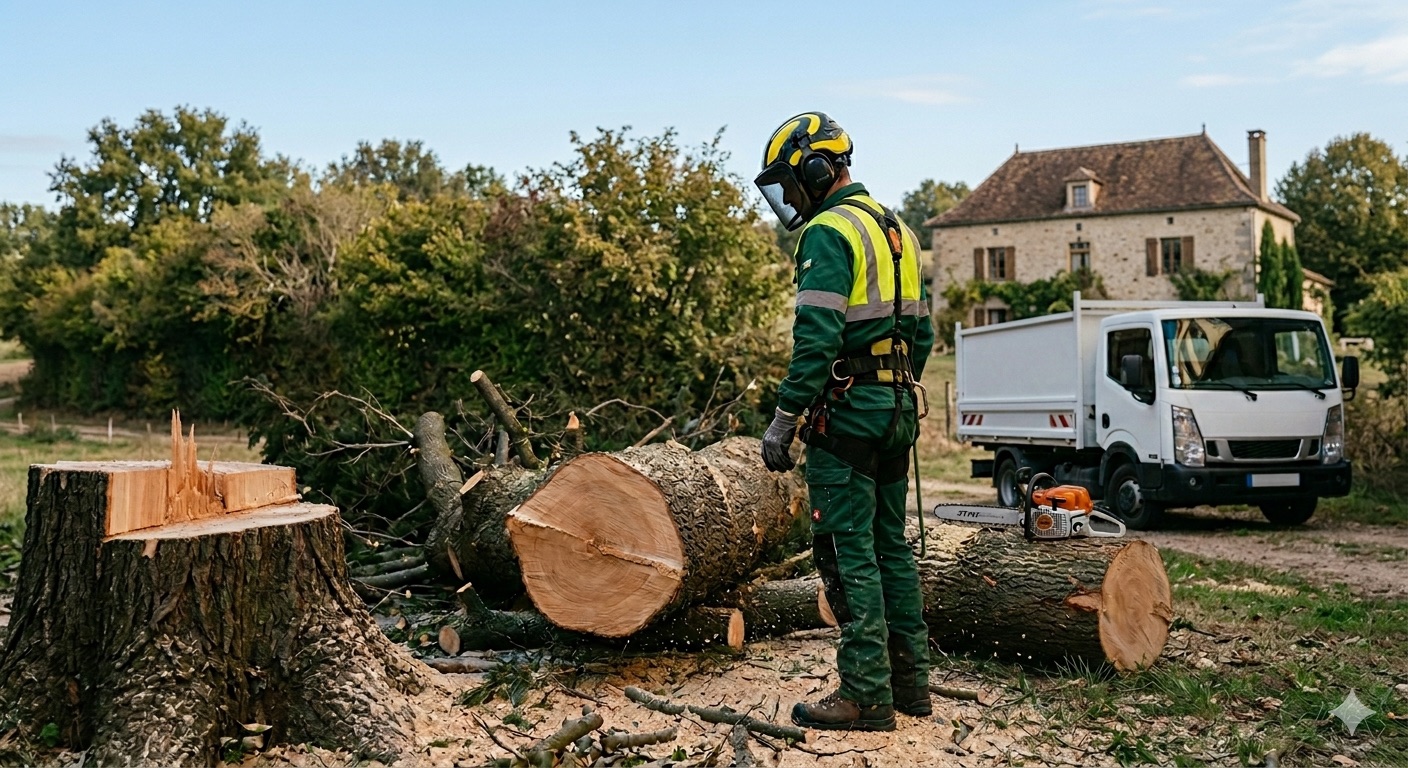 Bûcheron professionnel en intervention d'abattage à Toulouse, équipé EPI complet